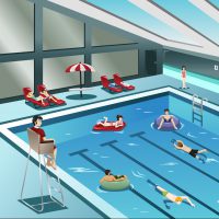 A vector illustration of people going swimming indoor